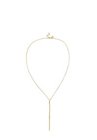 Złota necklace z cienkim łańcuszkiem i wzorem w kształcie litery Y. Posiada skręconą nić oraz regulowane zapięcie do dostosowywania długości.