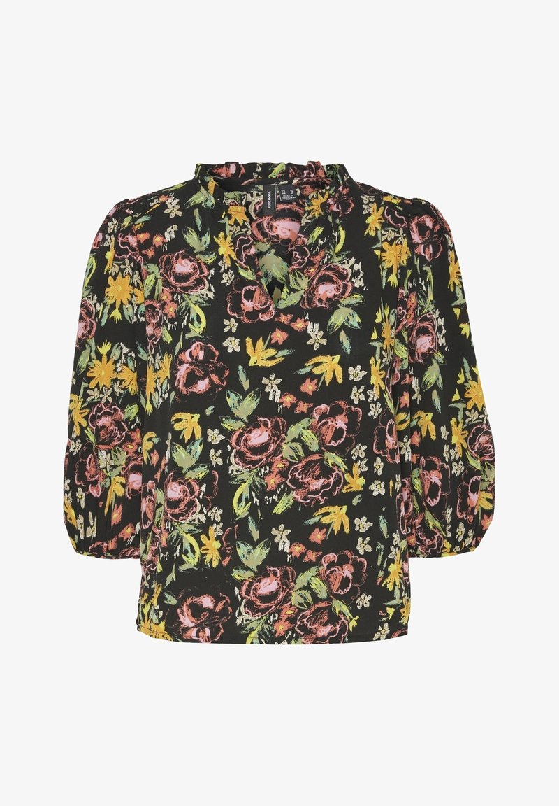 Blouse noire avec motif floral rose, jaune et vert, manches trois-quarts bouffantes et petit col volanté.