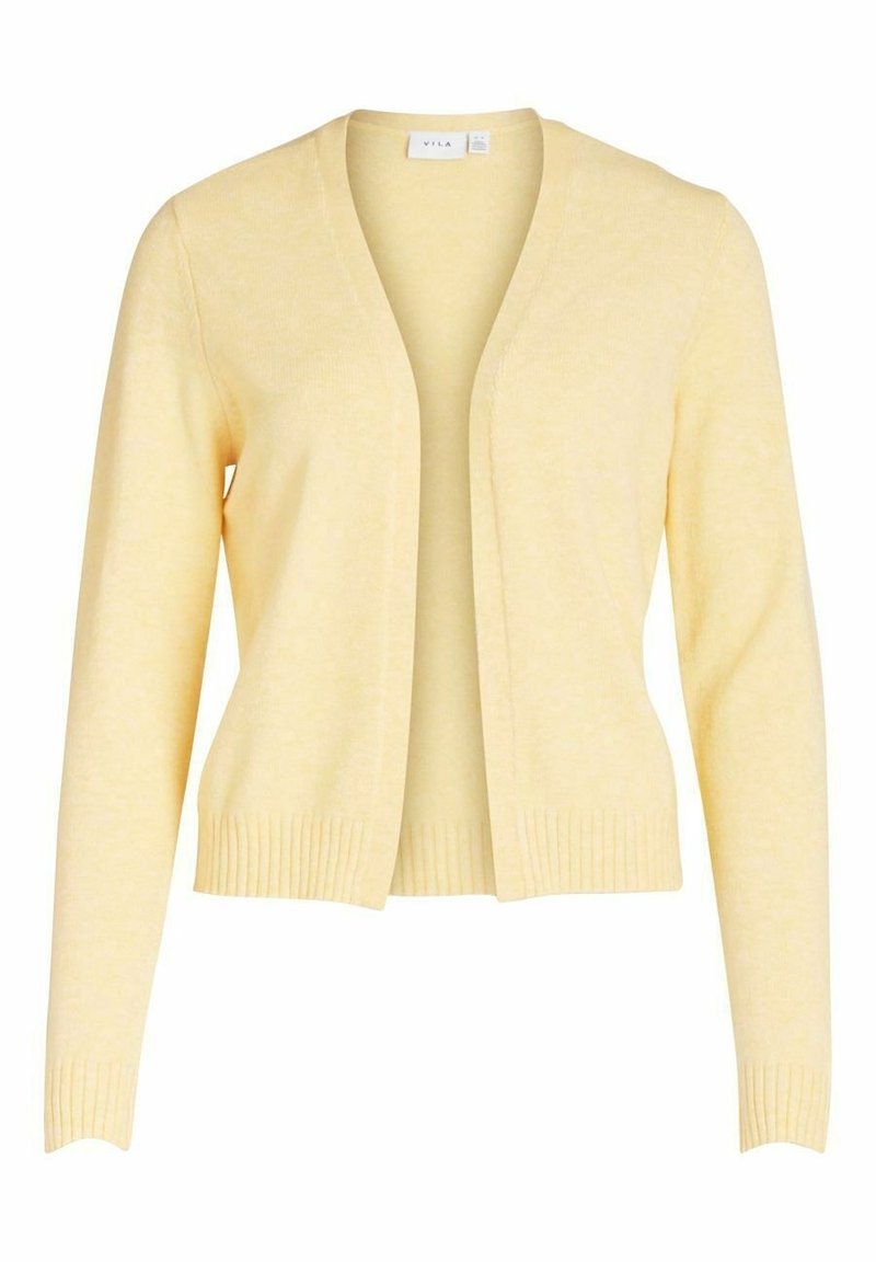 Yellow knitted cardigan with a V-neck, open front, long sleeves, and ribbed hem. Soft, lightweight texture.