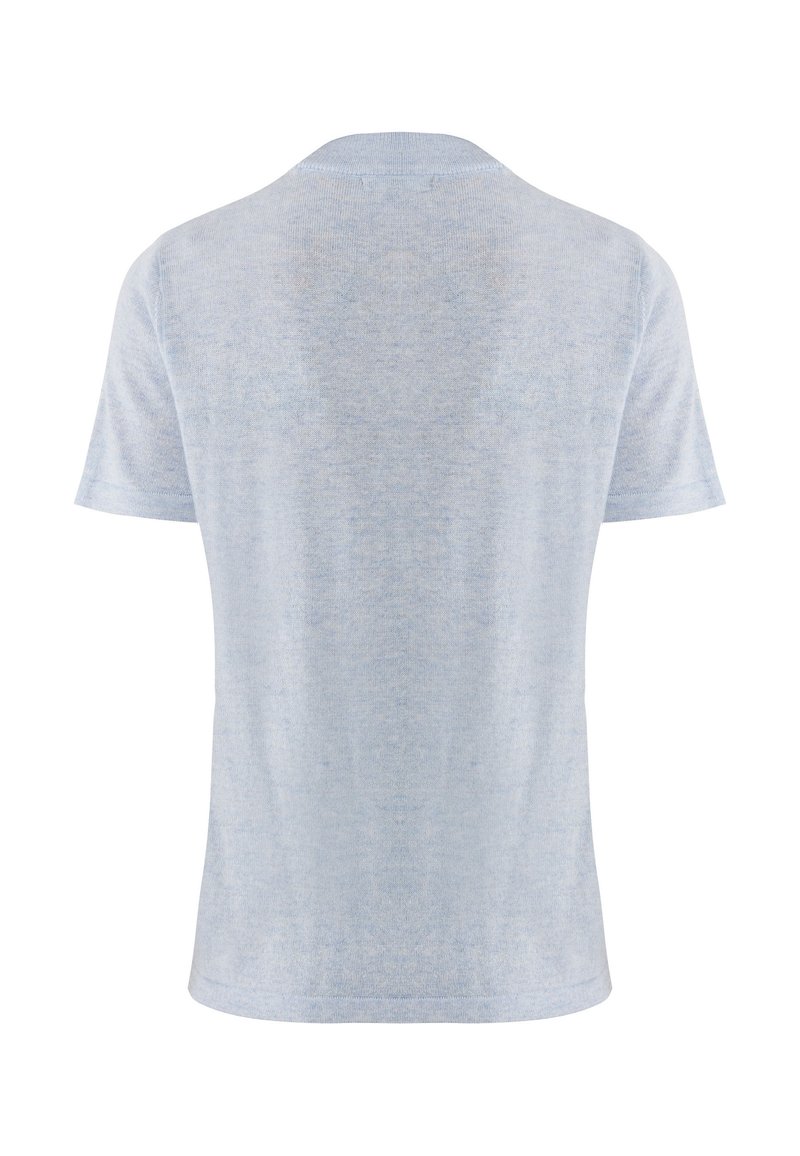 Jasnoniebieska koszulka z krótkim rękawem i okrągłym dekoltem, pokazana z tyłu na białym tle.