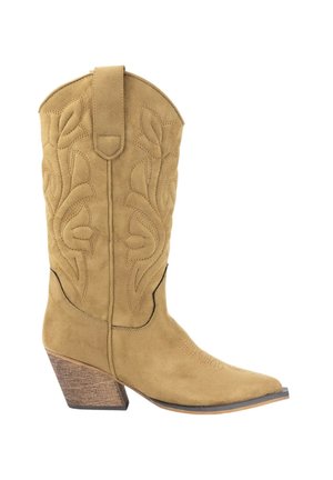 Bota western de ante color bronce con patrones de hojas bordados,puntera afilada y tacón cuadrado. Cuenta con una lengüeta en la parte superior para ponerlas y quitarlas fácilmente.