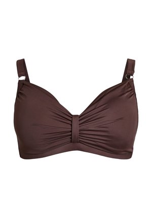 Brūns viengabala bikini tops ar centrā savāktu detaļu, regulējamām siksniņām un sudraba gredzena akcentiem uz baltā fona.