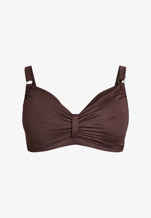 Brūns viengabala bikini tops ar centrā savāktu detaļu, regulējamām siksniņām un sudraba gredzena akcentiem uz baltā fona.