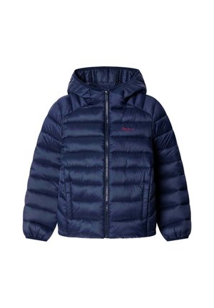 Navy blue puffer jacket with hood, front zipper, quilted horizontal stitching, elastic cuffs, and two front pockets.