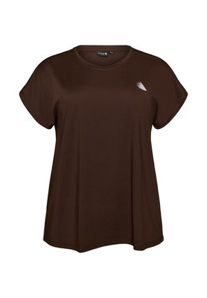 Σκούρο καφέ γυναικείο t-shirt με κοντά μανίκια, στρογγυλή λαιμόκοψη και μικρό λευκό αφηρημένο λογότυπο στο αριστερό στήθος, σε λευκό φόντο.