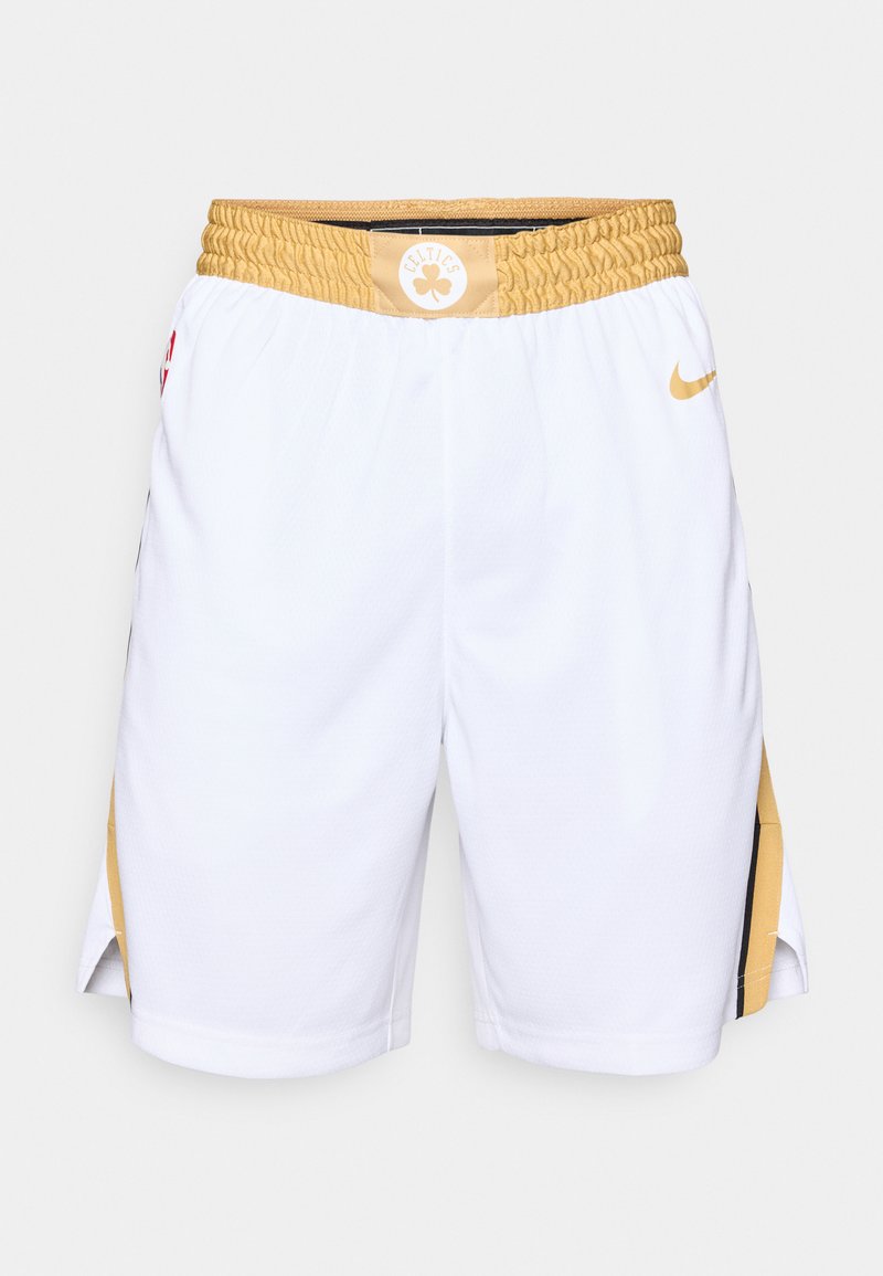 White basketball shorts with a golden elastic waistband, featuring a Celtics logo and black accents on the sides. Lightweight fabric.