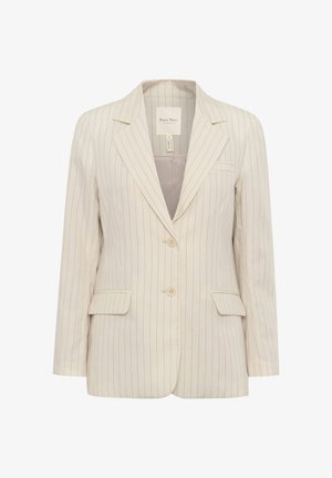 Cremefarbener Blazer mit vertikalem Streifenmuster. Besitzt einen Reverskragen, zwei Vorderaschen und einen Ein-Knopf-Verschluss. Glattes Stoffgefühl.