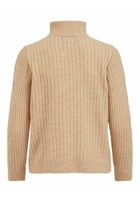 Maglione beige a coste con collo alto, lavorato a maglia testurizzata e maniche lunghe, caratterizzato da un orlo dritto e strisce verticali dettagliate.
