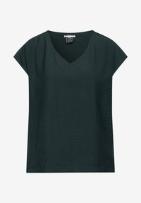 Mörkgrön V-ringad t-shirt med korta ärmar, tillverkad av ett strukturerat tyg, med en avslappnad passform och enkel design.