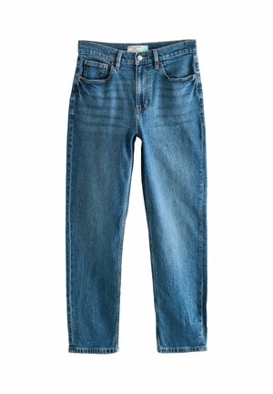 Blue denim mom jeans with a high waist, front button, and five-pocket design, shown flat on a white background.