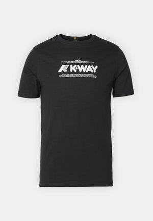 Black short-sleeve crewneck t-shirt with white K-WAY logo and descriptive text centered on the chest.