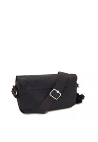 Sorte stof crossbody tas med lynlås, rektangulær form, justerbar rem og en pom-pom detalje på siden.