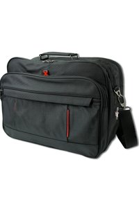 Zwarte nylon laptoptas met rode accenten, meerdere met rits afgesloten vakken, handvat aan de bovenkant en verstelbare schouderriem. Getextureerd oppervlak voor grip.