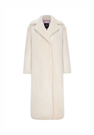 Cappotto lungo in pelliccia sintetica color avorio con colletto a risvolto, maniche lunghe e design aperto sul davanti. Tessuto morbido e silhouette a lunghezza intera.