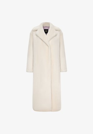 Cappotto lungo in pelliccia sintetica color avorio con colletto a risvolto, maniche lunghe e design aperto sul davanti. Tessuto morbido e silhouette a lunghezza intera.