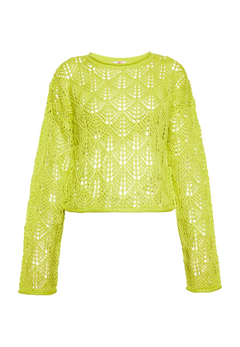 Gekürzter Pullover mit langen Ärmeln in leuchtendem Neon-Gelb. Hergestellt aus gestricktem, durchbrochenem Material mit Rautenmuster. Runder Halsausschnitt.