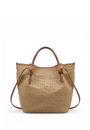 Woven straw tote bag with brown leather trim, dual handles, and long adjustable shoulder strap, displayed on white background.