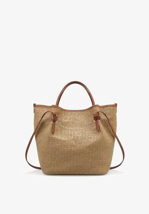 Woven straw tote bag with brown leather trim, dual handles, and long adjustable shoulder strap, displayed on white background.