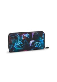 Zippered wallet featuring a black background with vibrant blue and purple floral patterns. Smooth texture, rectangular shape, and durable material.