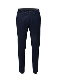 Marineblauwe Hose aus glattem Stoff, mit flacher Vorderseite, zwei Falten und klassischer Passform. Mit Knopfverschluss und Gürtelschlaufen.
