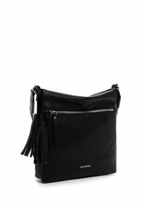 Schwarze Leder-Umhängetasche mit Reißverschlusstasche vorne, Quasten-Detail und verstellbarem Schulterriemen, Marke "EMILYPANCH".