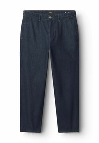 Temno modri denim hlače ravnega kroja, z dvema sprednjima žepoma, žepom za kovance in kontrastnimi šivnimi detajli.