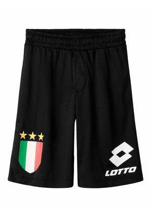 Shorts de sport noirs avec taille élastique, écusson du drapeau italien avec trois étoiles dorées sur la jambe gauche, et logo blanc Lotto sur la jambe droite.