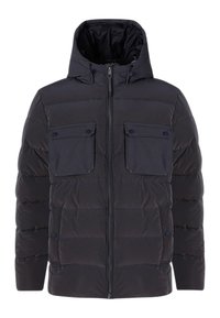 Veste matelassée noire avec capuche, fermeture éclair à l'avant, deux poches poitrine à boutons et deux poches latérales.