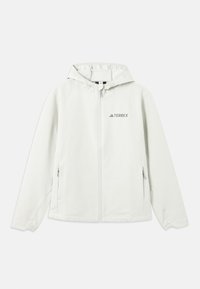 Veste à capuche gris clair avec fermeture éclair, poignets élastiques, deux poches latérales et le logo "TERREX" imprimé sur la poitrine gauche. Matériau imperméable.
