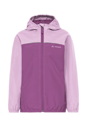 Giacca impermeabile con cappuccio viola e rosa, con cerniera frontale completa e polsini elastici, con logo Vaude sul petto.