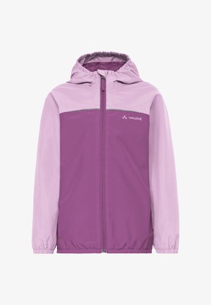 Giacca impermeabile con cappuccio viola e rosa, con cerniera frontale completa e polsini elastici, con logo Vaude sul petto.