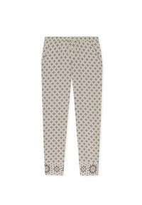 Beige geprinte broek met een ruitpatroon, voorzien van een verstelbare tailleband en bloemaccenten aan de onderkant. Gemaakt van een zachte, gestructureerde stof.