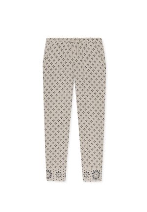 Beige gemusterte Hose mit Diamantdesign, featuring einen Kordelzug am Bund und floralen Akzenten am Saum. Hergestellt aus einem weichen, strukturierten Stoff.