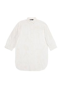 Biely košeľový top s dlhými rukávmi, zaobleným lemom, jemnou kvetinovou výšivkou a náprsníkom. Vyrobený z ľahkej tkaniny.