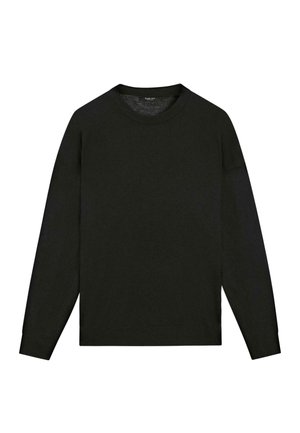 Black long-sleeve sweater with a crew neckline, made of soft material. Features a simple, unembellished design with ribbed cuffs.