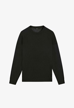 Svart långärmad tröja med rund halsringning, gjord av mjukt material. Har en enkel, osmyckad design med ribbade mudd