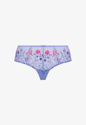 Light purple lace lingerie with floral embroidery in pink and blue, featuring a delicate waistband and small bow detail at the center back.