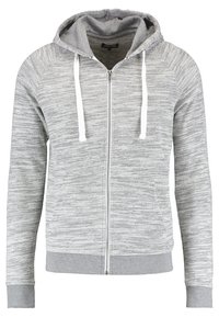 Sweat à capuche zippé gris avec un motif texturé, cordons de serrage gris clair contrastants, et poignets et ourlet côtelés pour un ajustement confortable.