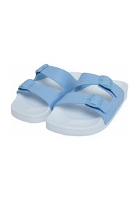 Mėlynos sintetinės šlepetės su dviem reguliuojamais dirželiais ir baltais guminiais padais. Turi lygią tekstūrą ir sagties akcentus, kad geriau prisitaikytų.