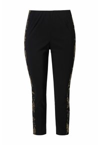 Zwarte broek met een elastische tailleband, voorzien van gouden bloemenborduursels langs de zijkanten. Slim fit met een verkorte lengte. Zacht materiaal.