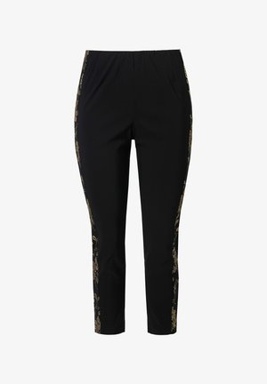 Black trousers with an elastic waistband, featuring gold floral embroidery along the sides. Slim fit with a cropped length. Soft material.