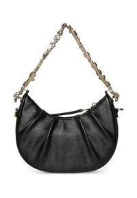 Sort faux læder håndtaske med en plisseret design, der har en dekorativ guld- og sølvfarvet kædestrop og lynlåslukning.