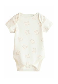 Kortsleeve babybodysuit i mjukt krämfärgat tyg, med ett upprepande mönster av ljusorangea nallar och tryckknappar i nederkant.