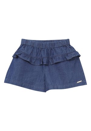 Dżinsowe szorty z falbaną w pasie, elastycznym paskiem i przeszytym dołem. Kolor: ciemnoniebieski. Ciekawy detal: srebrna metka z logo.