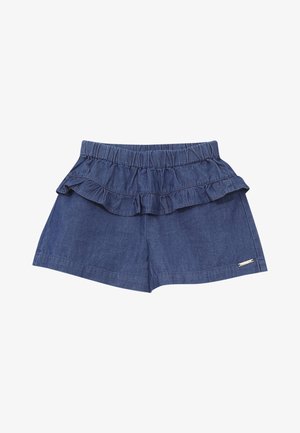 Shorts in denim con un profilo arricciato in vita, vita elasticizzata e orlo cucito. Colore: blu scuro. Dettaglio distintivo: etichetta con logo argentato.