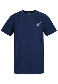 Navyblauwe katoenen T-shirt met korte mouwen en een ronde hals. Heeft een wit logo op de linkerborst en een label aan de onderzoom.