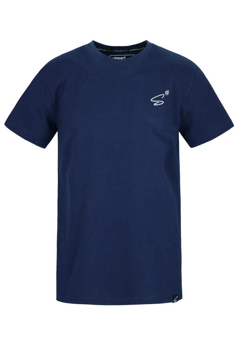 Navyblauwe katoenen T-shirt met korte mouwen en een ronde hals. Heeft een wit logo op de linkerborst en een label aan de onderzoom.