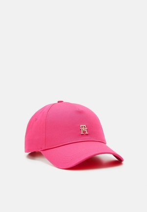 Bright pink baseball cap with curved brim and small gold "TH" logo on front center, displayed against a light gray background.