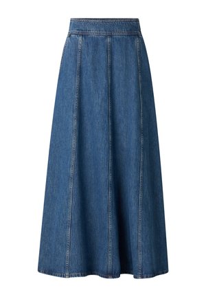 Modrá džínová sukně áčkového střihu s vertikálními švy a přiléhavým pasem, délka ke kolenům nebo delší.