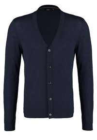 Marinblå stickad cardigan med V-ringning och sju knappar framtill. Har ribbade muddar och avslut, lättviktig textur.